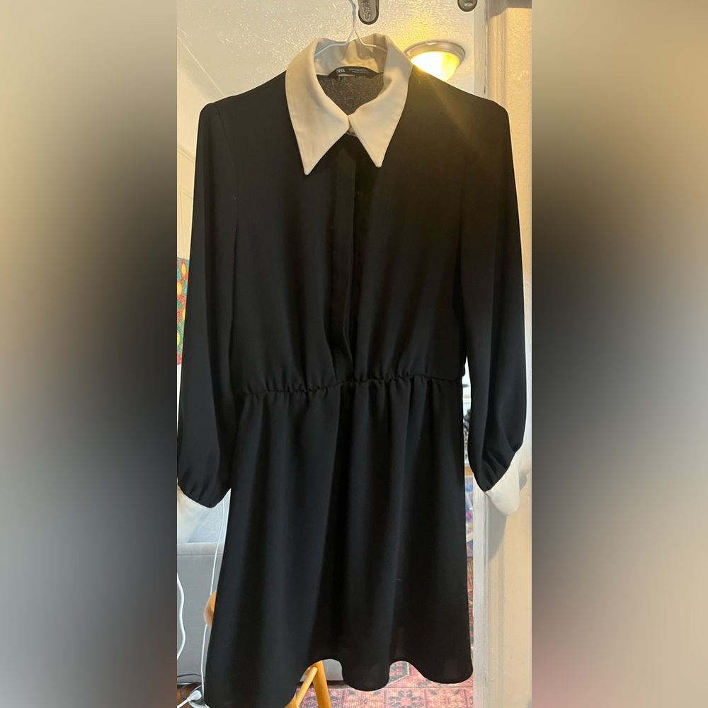 Zara dress giving Wednesday Adams vibes with long white collar.